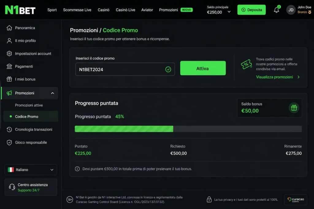 Pannello di attivazione bonus passo-passo nella dashboard del profilo N1Bet - n1bett-it.com