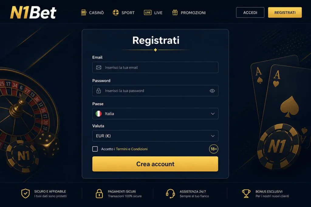 Interfaccia ufficiale del modulo di registrazione N1Bet per creare un nuovo account utente - n1bett-it.com