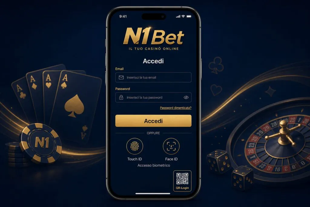 Schermata di accesso mobile dell’app N1Bet con funzioni di autenticazione biometrica - n1bett-it.com