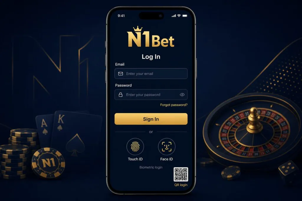 Mobile login screen of the N1Bet application with biometric authentication features - n1bett-it.com